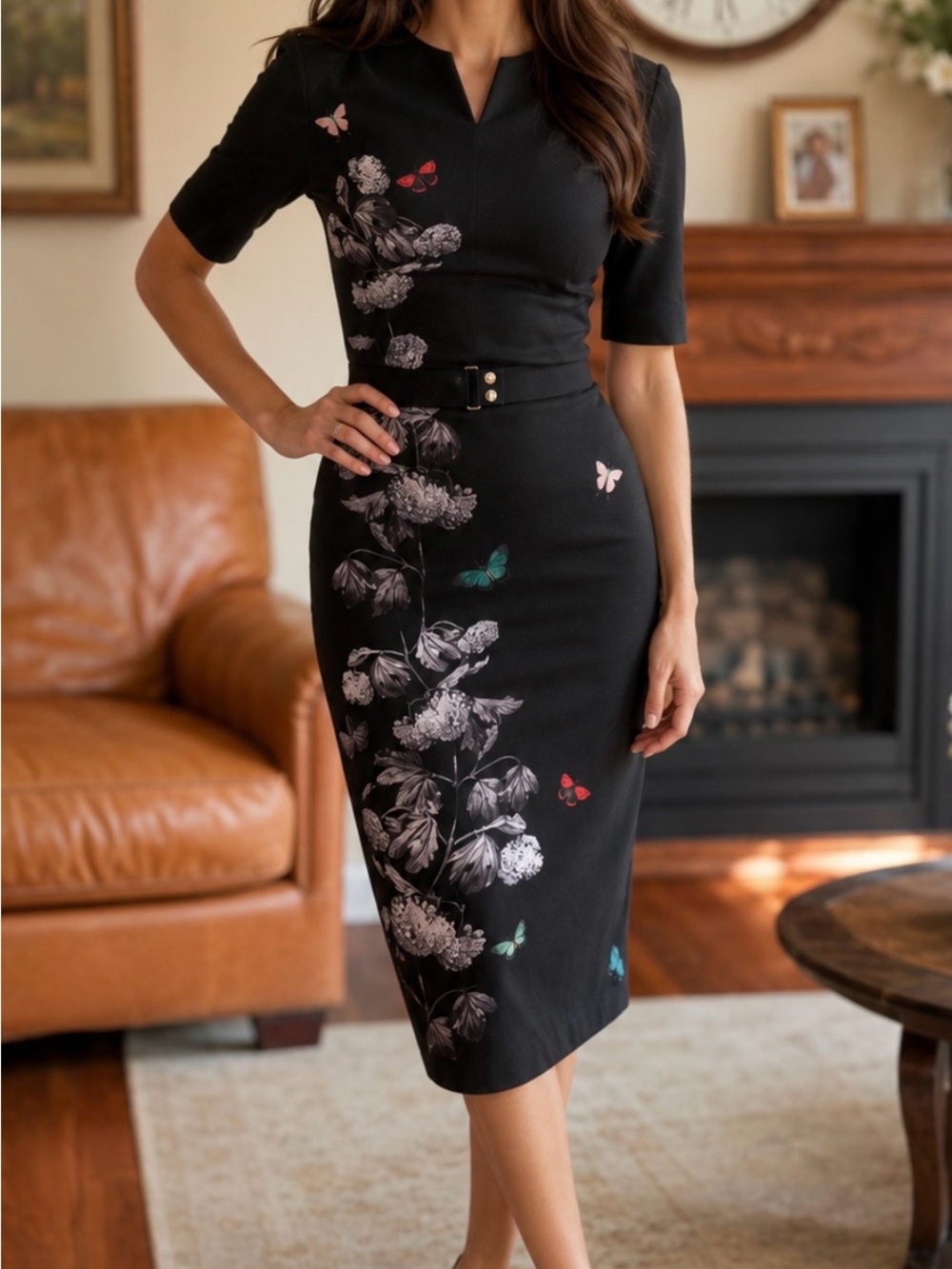 Ted Baker London Black Floral & Butterfly Sheath Dress